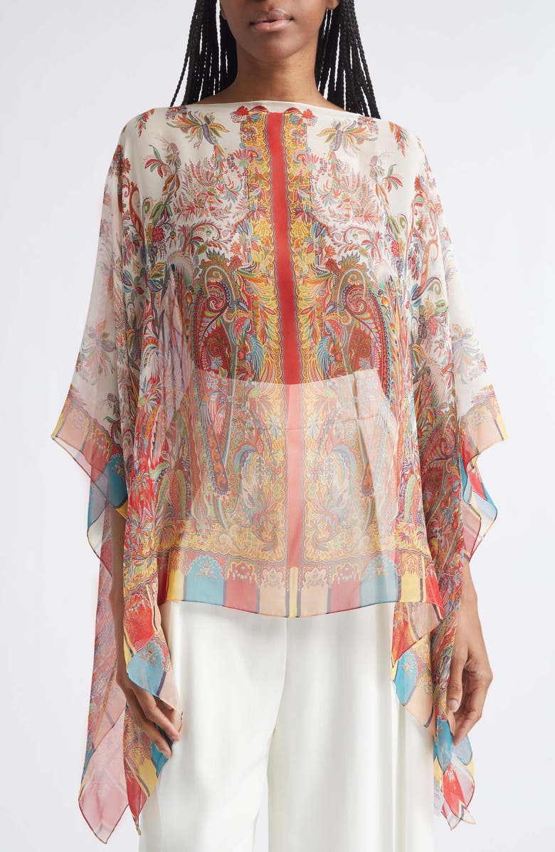 Etro Paisley Print Silk Poncho, Main, color, Print On White Base