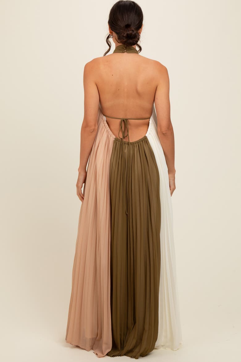Pleated Halter Neck Maxi Dress, Alternate, color, Olive Green