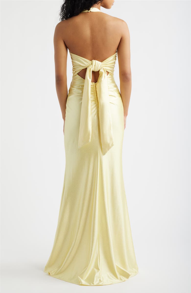 Emerald Sundae Glitter Bow Back Halter Gown, Alternate, color, Butter