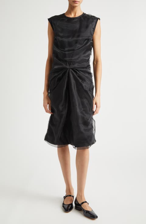 Gestural Cutting Organza & Stretch Wool Midi Dress