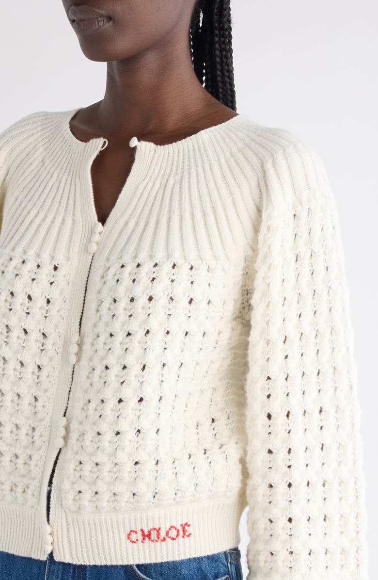 Chloé Balloon Sleeve Tweed Cardigan, Alternate, color, Iconic Milk