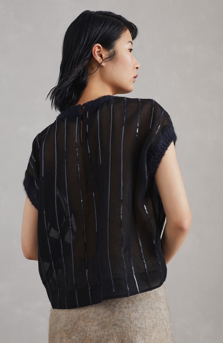 Brunello Cucinelli Crispy silk T-shirt with dazzling alpaca stripes, Alternate, color, 