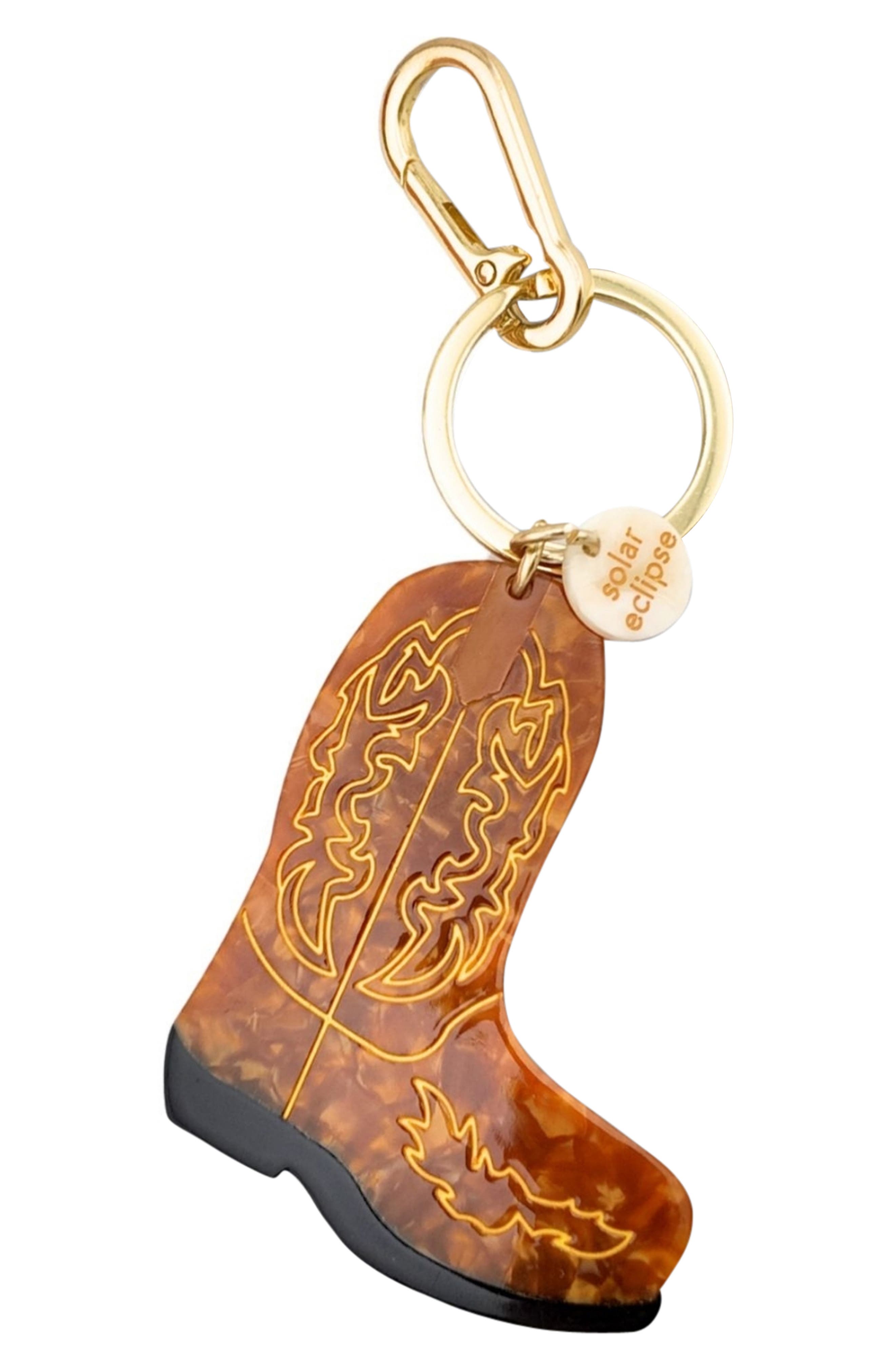 Solar Eclipse Hand Painted Cowboy Boot Key Chain Bag Charm, Main, color, Brown