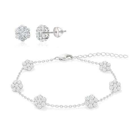 Sterling Silver Flower Earrings And Bracelet Set