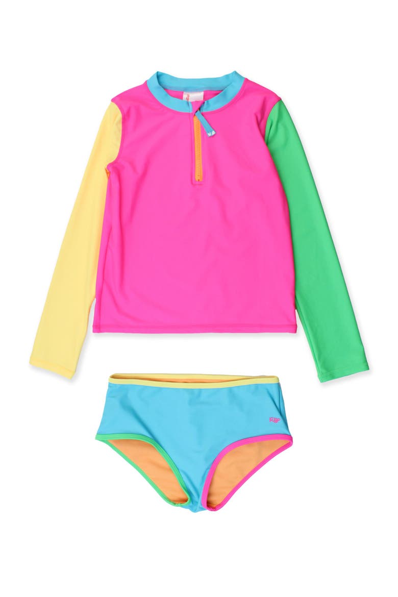Long Sleeve Zipper Rash Guard 2-Piece Bikini Swimsuit, Main, color, Neon Color Block