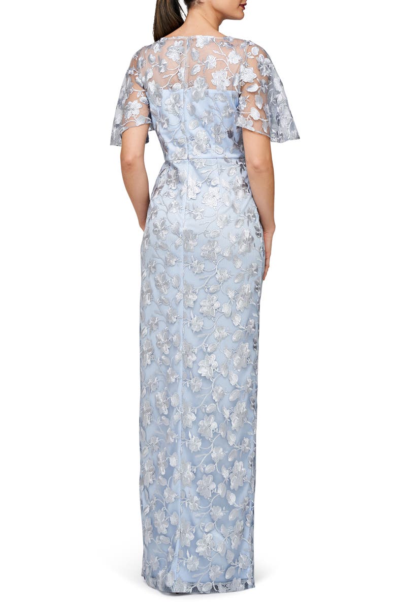 JS Collections Brooke Floral Embroidered Column Gown, Alternate, color, Silver/ Azure