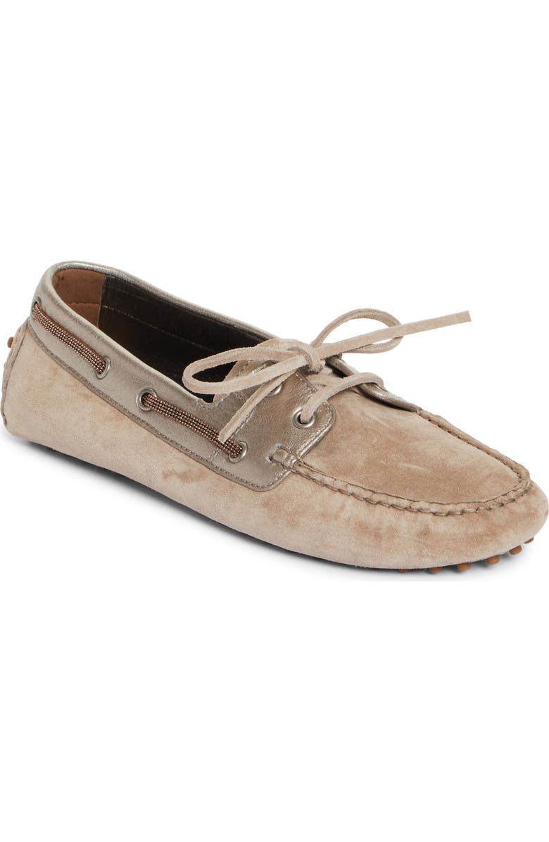 Brunello Cucinelli Monili Trim Metallic Leather & Suede Driving Shoe, Main, color,