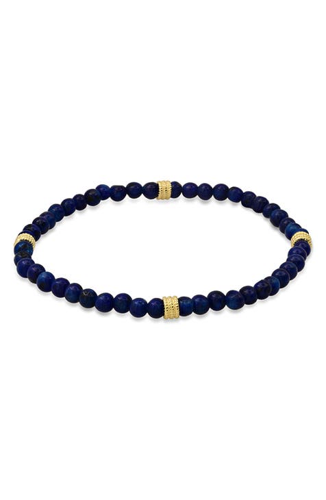 Men's 14K Gold Plated Sterling Silver & Lapis Lazuli Beaded Stretch Bracelet