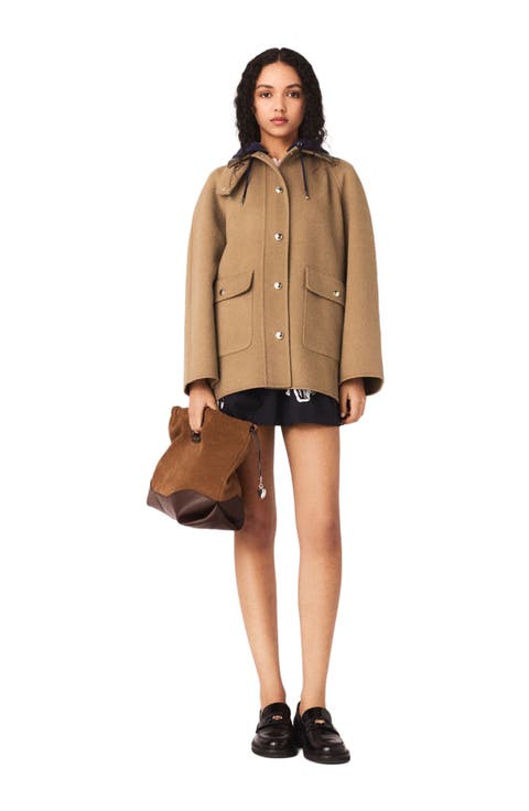 Wool coat with removable hood