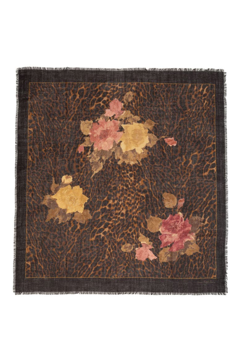 Floral Leopard Wool Square Scarf, Alternate, color, CIRCUIT BROWN
