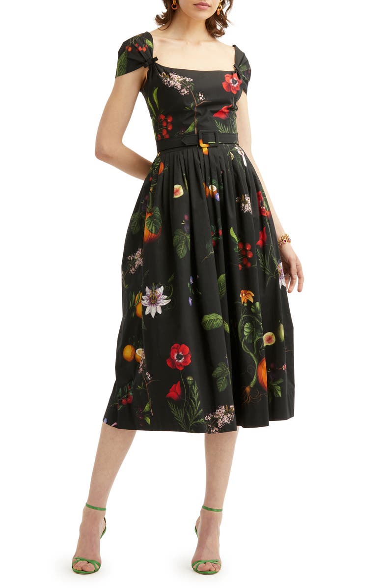 Oscar de la Renta Belted Garden Print Cap Sleeve Stretch Cotton Poplin Midi Dress, Alternate, color, 