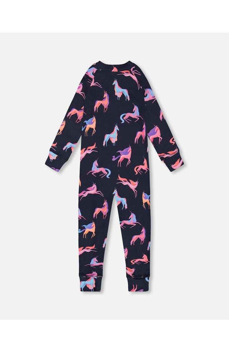 Deux par Deux Baby Girl's One Piece Thermal Underwear Navy Printed Unicorn, Alternate, color, 