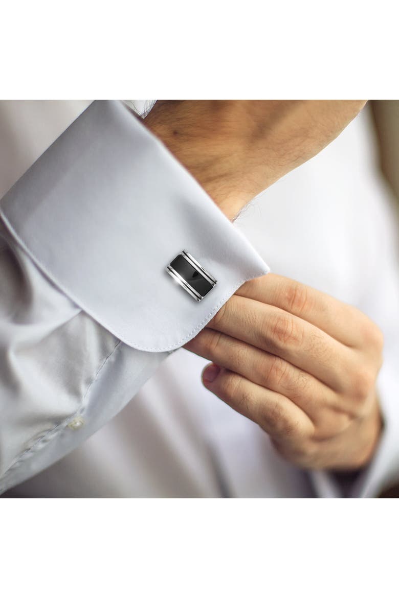 Linear Etch Rectangular Gemstone Sterling Silver Cufflinks, Alternate, color, BLACK