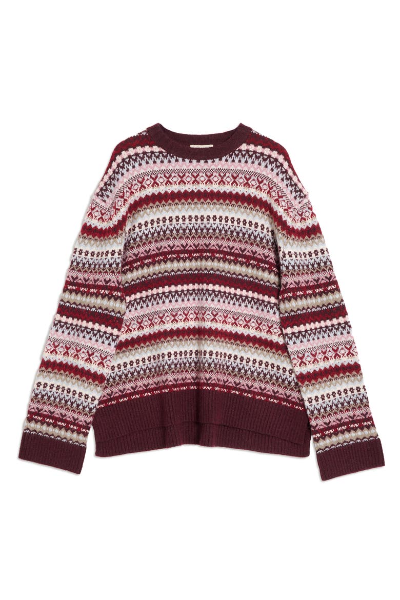 Fair Isle Crew Neck Sweater, Alternate, color, Burgundy
