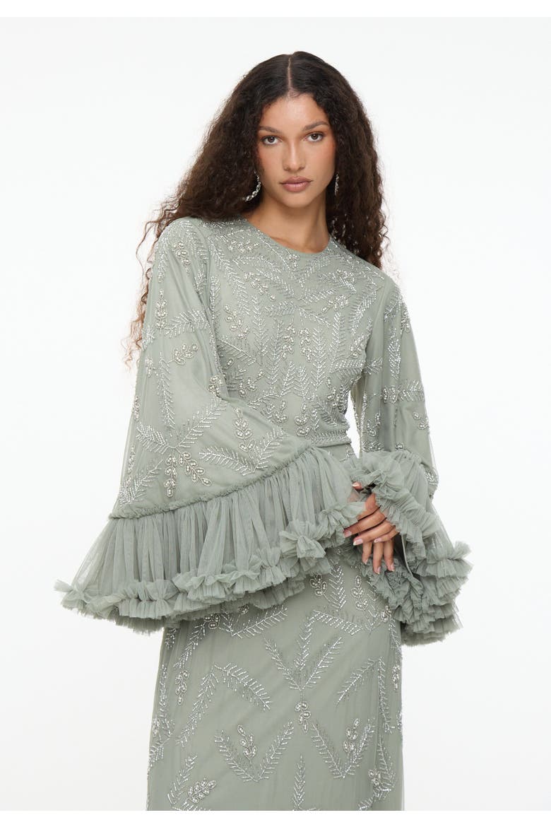 Modest Embellished Sequin Beaded Dress Maxi With Designer Sleeve, Alternate, color, SAGE GREEN