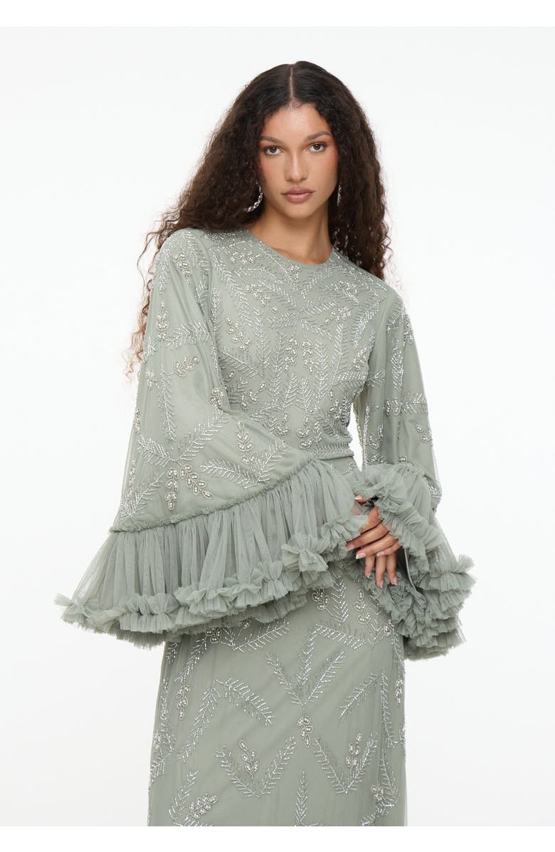 MARYISA Modest Embellished Sequin Beaded Dress Maxi With Designer Sleeve, Alternate, color, Sage Green