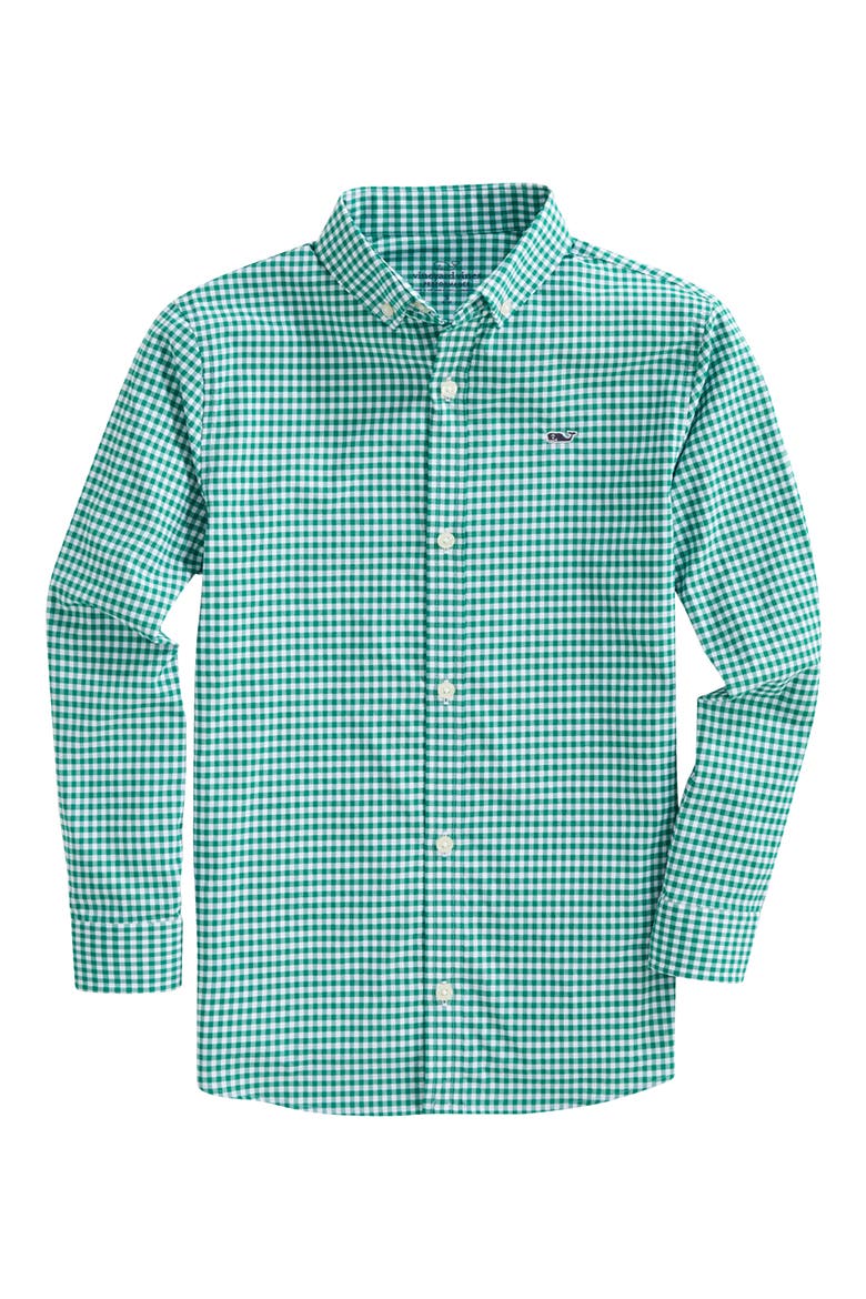 Kids' Gingham Performance Whale Button-Down Shirt, Main, color, ARAWAK GREEN MEADOW
