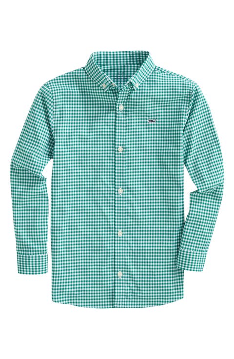 Kids' Gingham Performance Whale Button-Down Shirt (Big Boy)