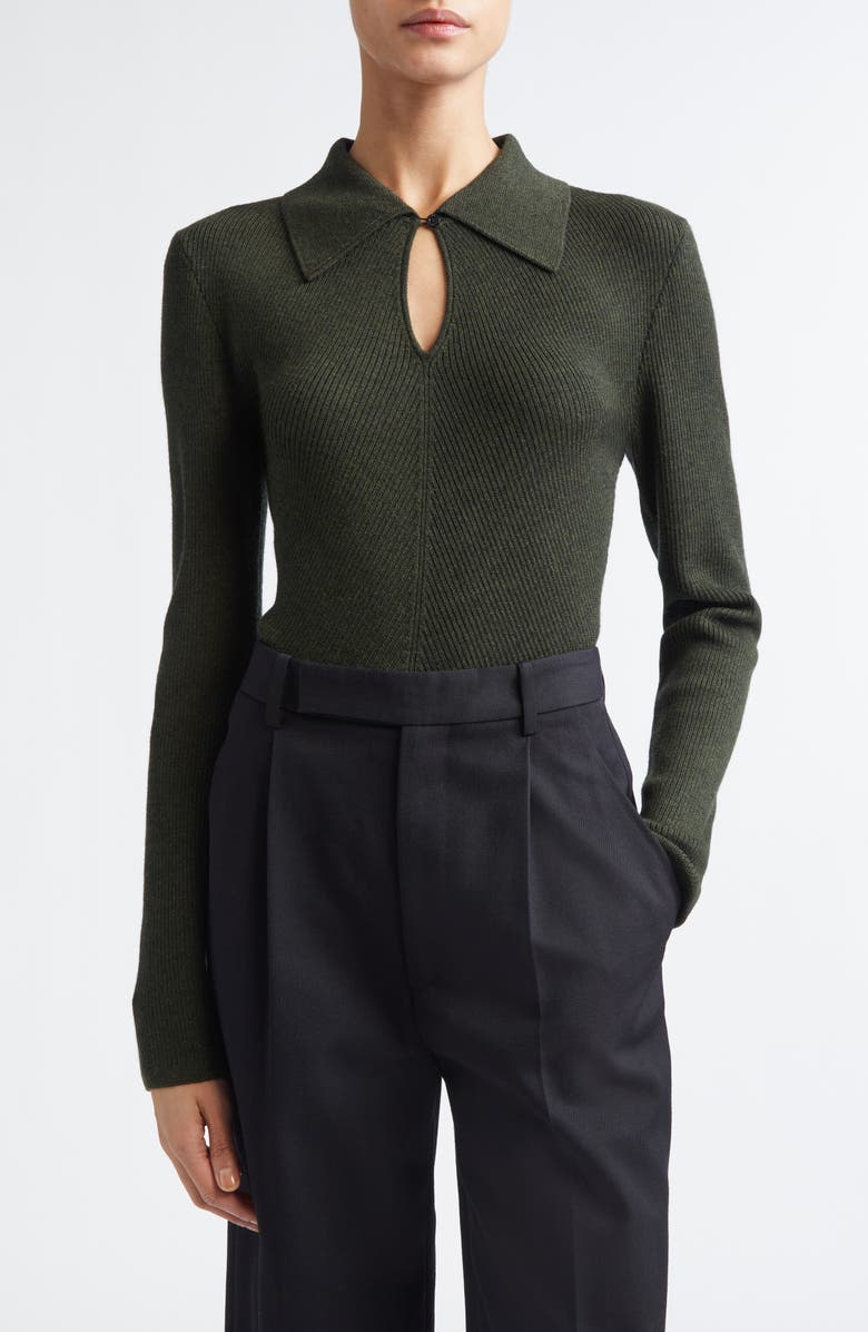 Emilia Wickstead Ambrose Keyhole Polo Wool Sweater, Main, color, Dark Green Melange