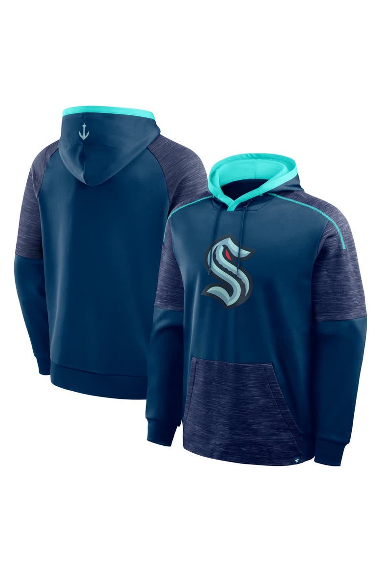Men's Fanatics Deep Sea Blue Seattle Kraken Goaltender Defender Pullover Hoodie, Main, color, Navy