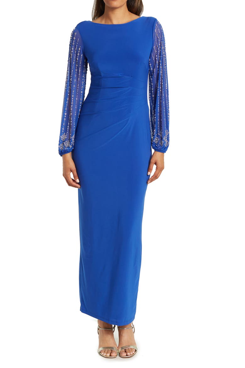 Beaded Long Sleeve Maxi Gown, Main, color, COBALT