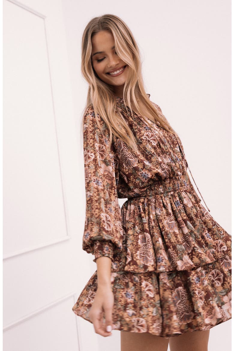 Alby Floral Long Sleeve Tiered Minidress, Alternate, color, CHOCOLATE BROWN