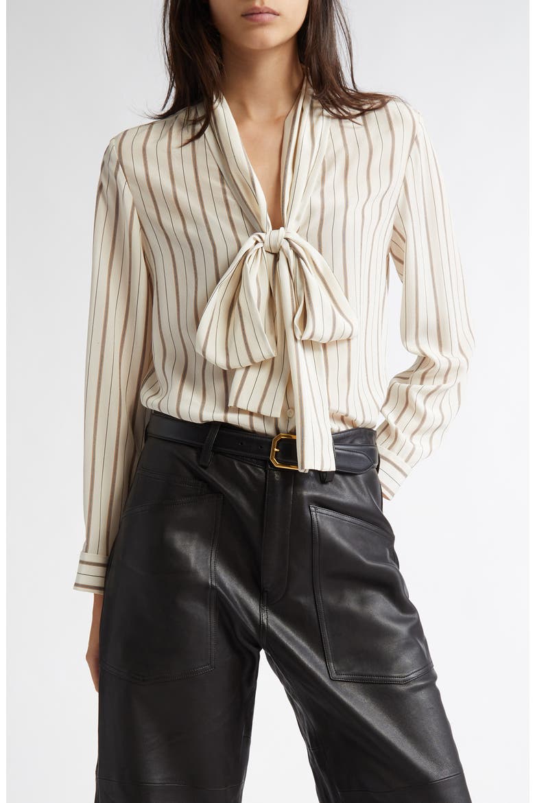 Angelique Stripe Tie Neck Silk Shirt, Main, color, BRANDY STRIPES
