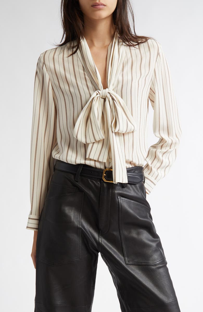 Nili Lotan Angelique Stripe Tie Neck Silk Shirt, Main, color, Brandy Stripes