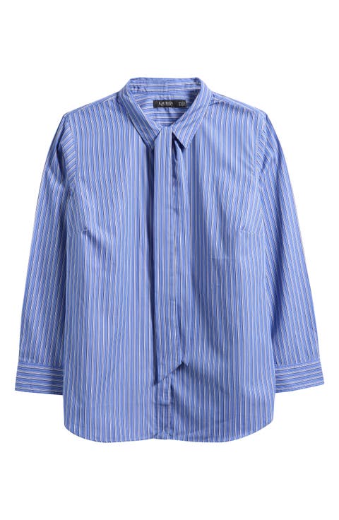 Stripe Cotton Button-Up Shirt with Removable Tie (Plus)