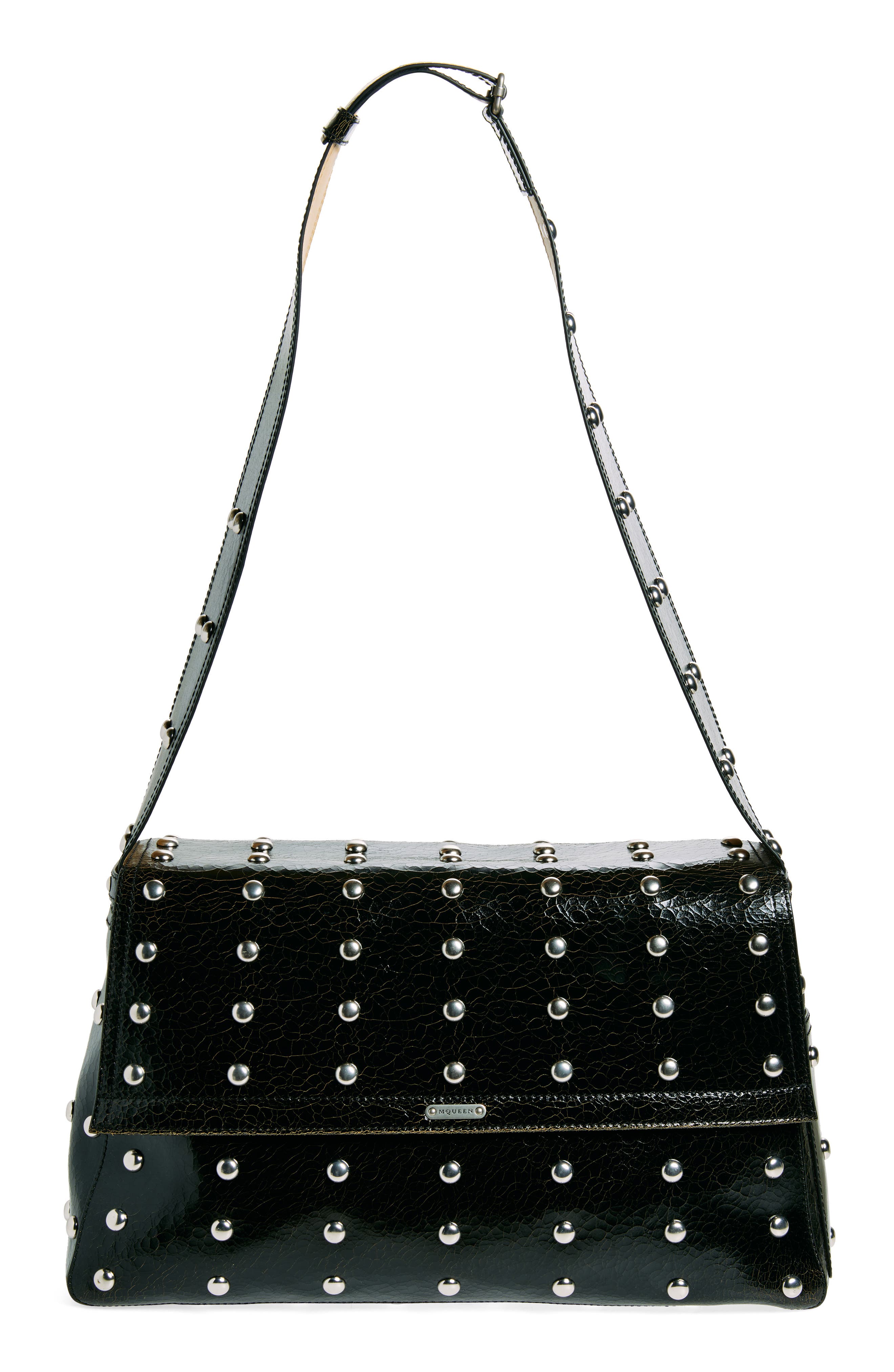 Large Slouch Studded Crackled Leather Messenger Bag, Main, color, BLACK/ CARAMEL/ SILVER