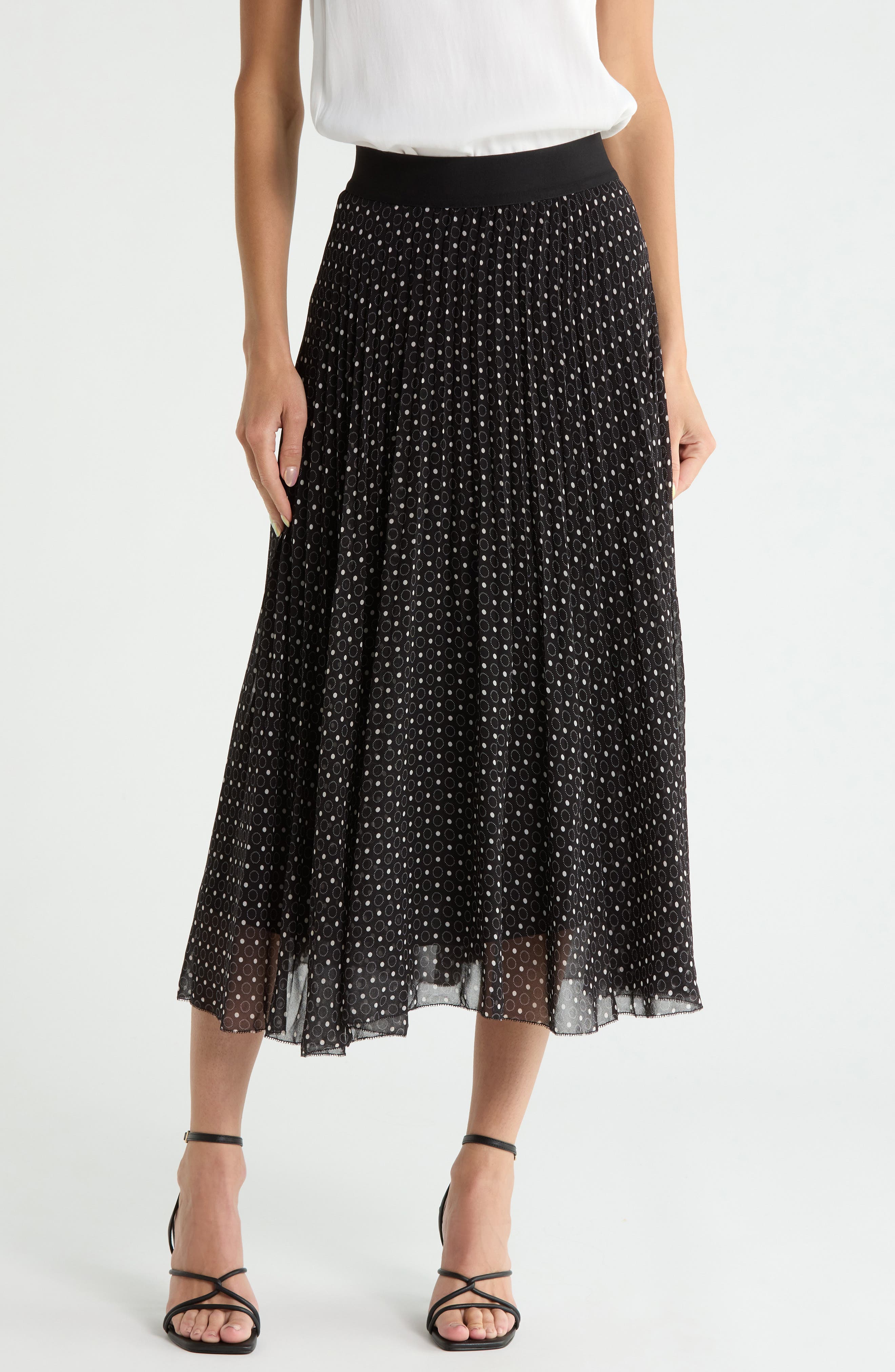 Dot Print Chiffon Pleated Midi Skirt