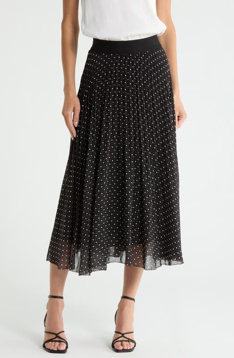Dot Print Chiffon Pleated Midi Skirt