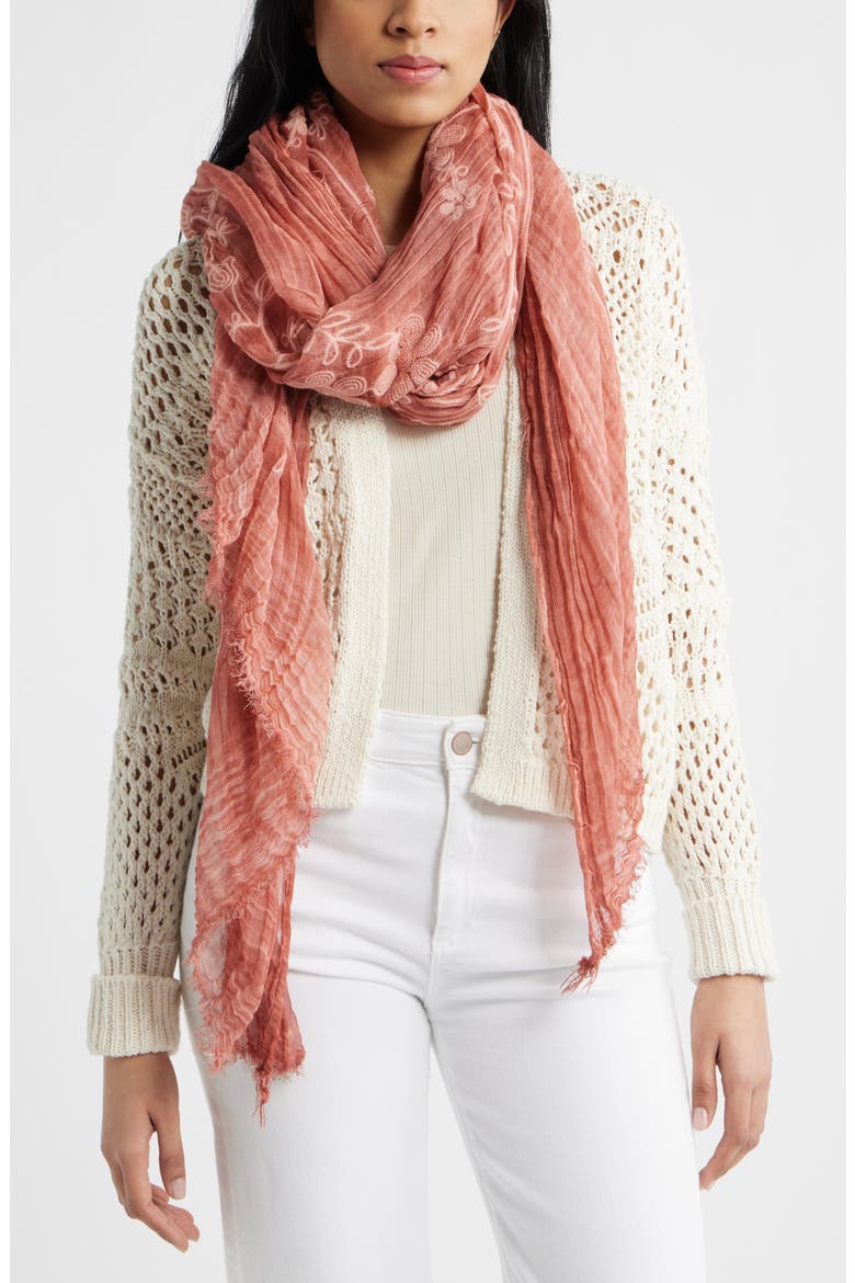 Floral Embroidered Gauze Fringe Scarf, Main, color, PINK DESERT