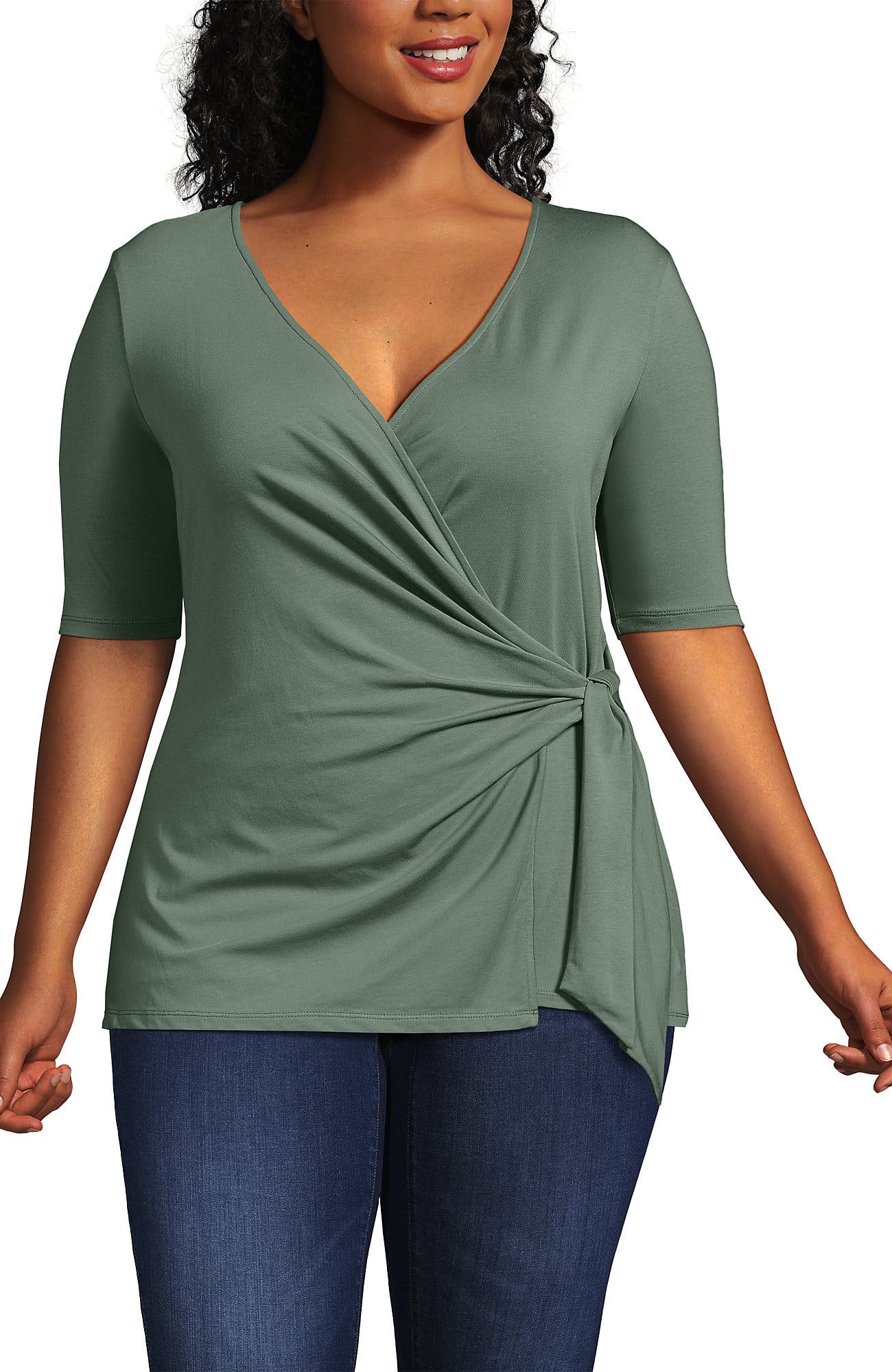 Plus Size Elbow Sleeve Lightweight Jersey Side Tie Blouse
