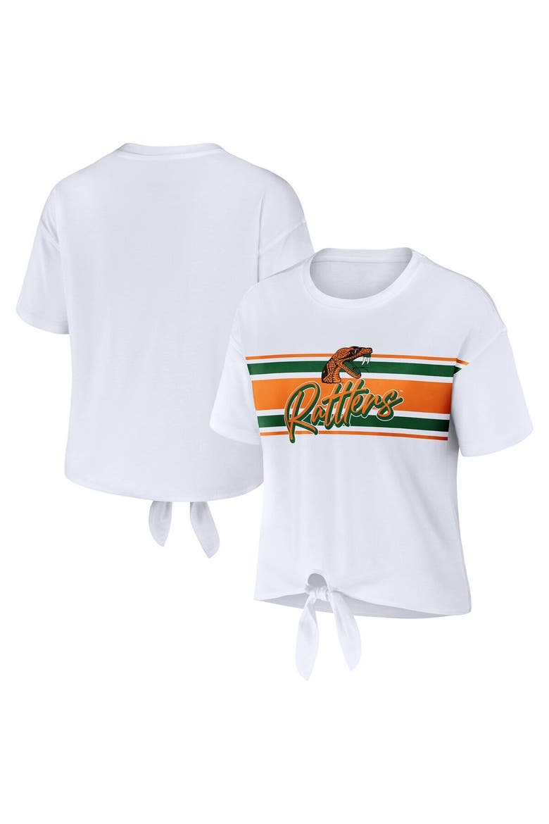 Women's WEAR by Erin Andrews White Florida A&M Rattlers Striped Front Knot Cropped T-Shirt, Main, color, White