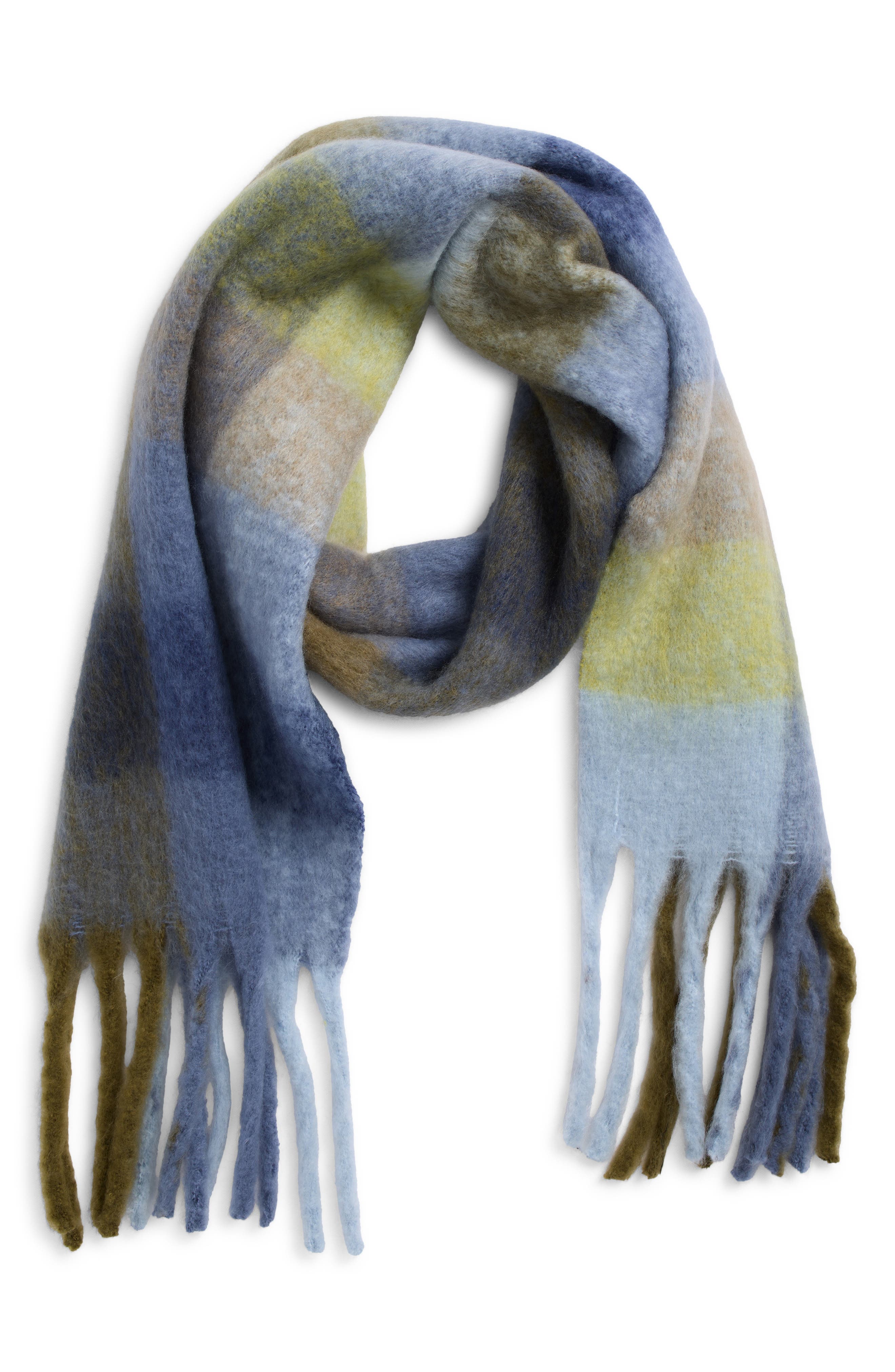 BP. Fringe Blanket Scarf in Green- Blue Plaid 