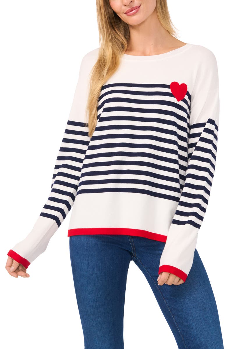 CeCe Sailor Stripe Heart Sweater, Main, color, Antique White