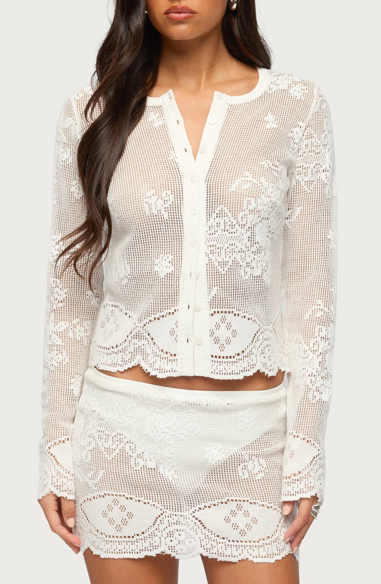 EDIKTED Rusa Sheer Open Stitch Button-Up Shirt, Main, color, 