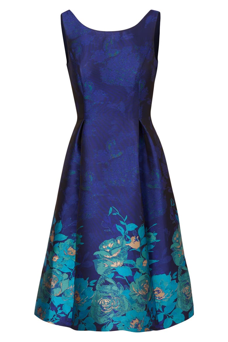 Border Jacquard Pleated Sleeveless Fit & Flare Dress, Alternate, color, BLUE TEAL MULTI