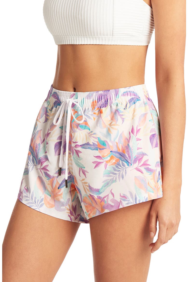 Surf Floral Print Woven Cover-Up Shorts, Alternate, color, WHITE