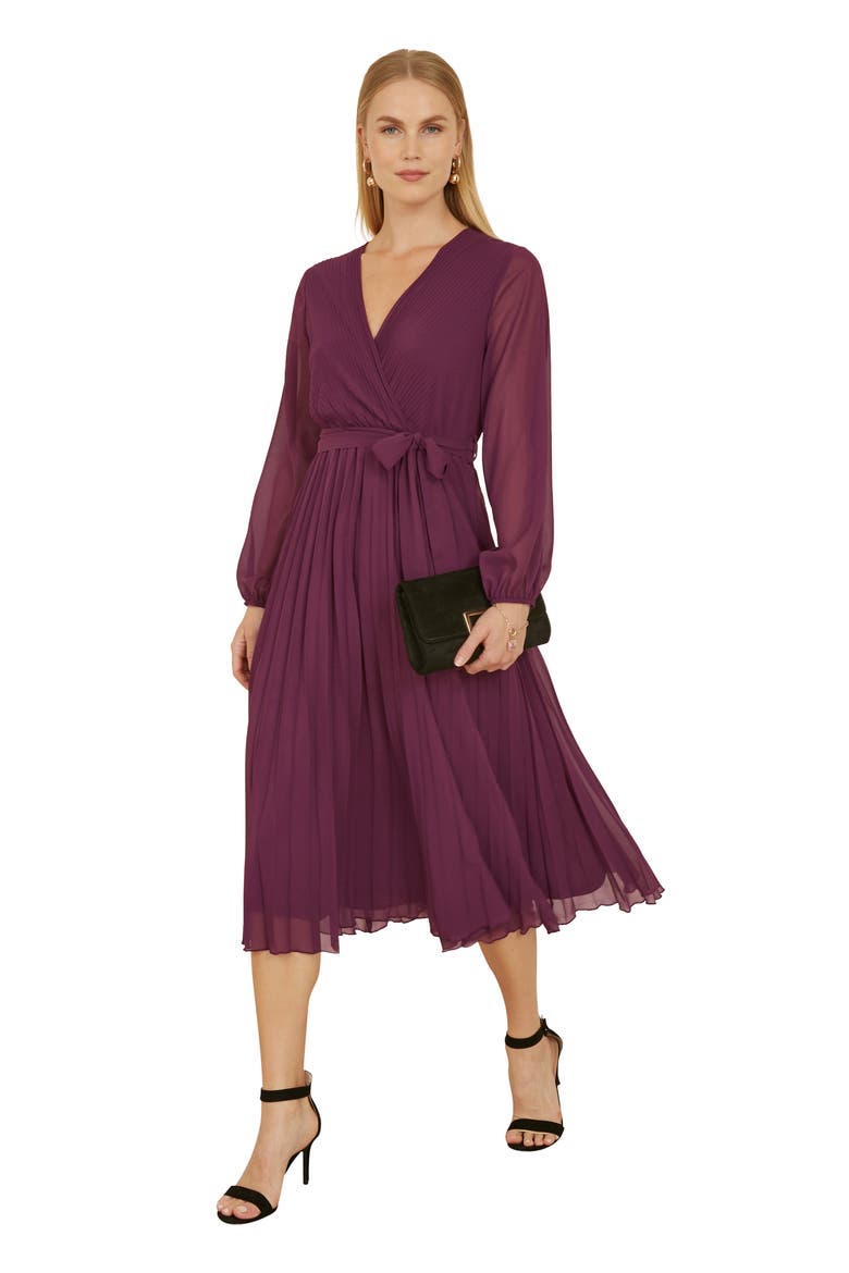 Long Sleeved Pleated Midi Wrap Dress, Main, color, Plum