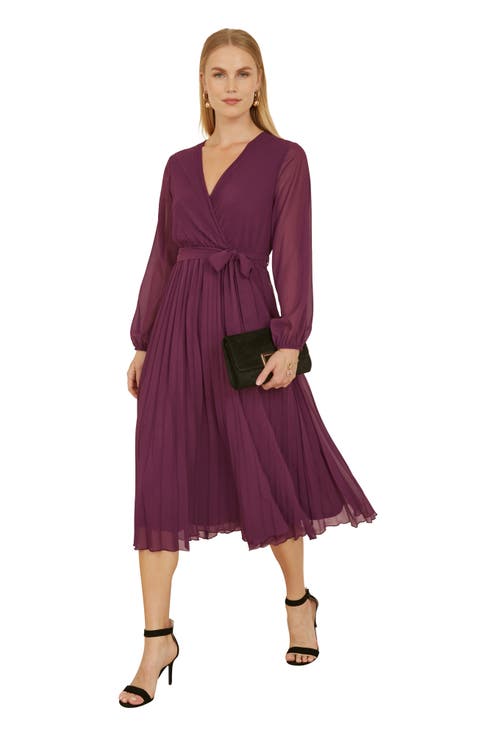 Long Sleeved Pleated Midi Wrap Dress