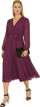 Yumi Long Sleeved Pleated Midi Wrap Dress