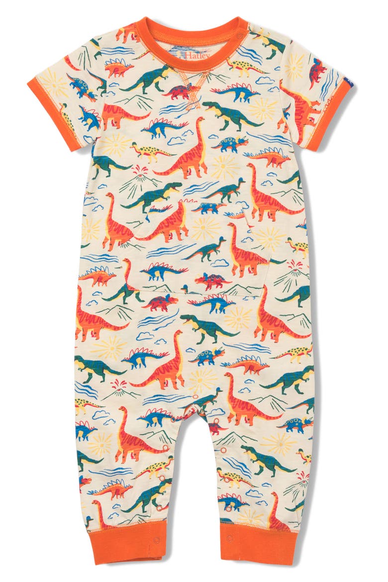 Dino Print Cotton Romper, Main, color, WHITE SMOKE