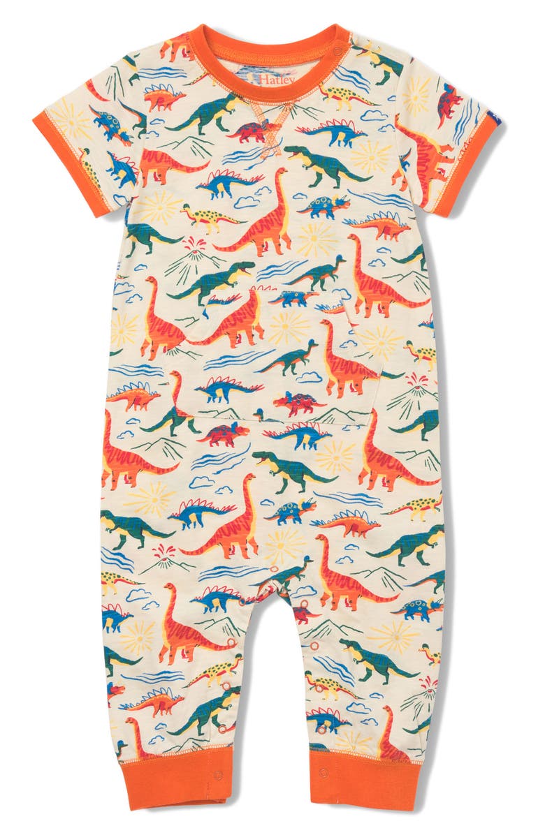 Hatley Dino Print Cotton Romper, Main, color, White Smoke
