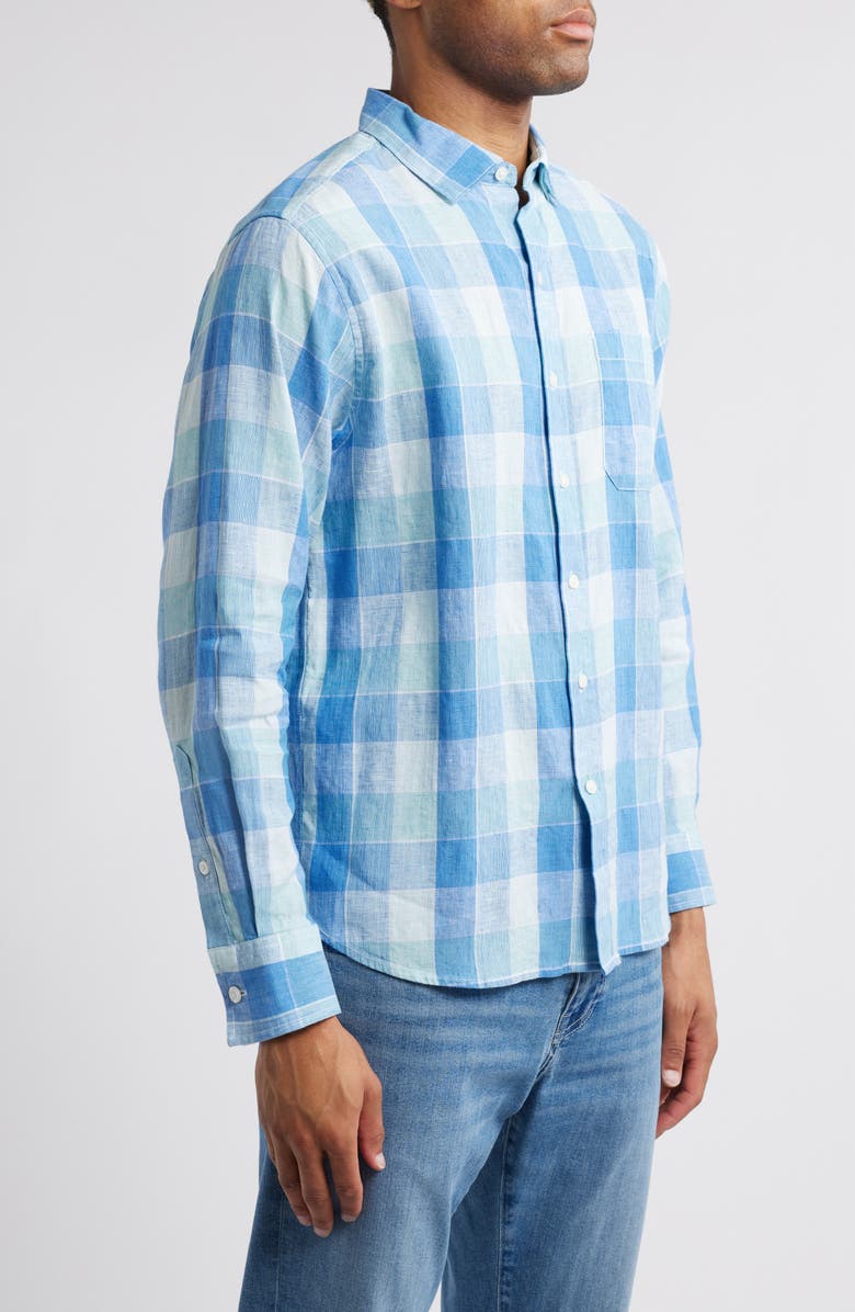 Tommy Bahama Barbados Breeze Beach Day Check Stretch Linen Button-Up Shirt, Alternate, color, Palace Blue