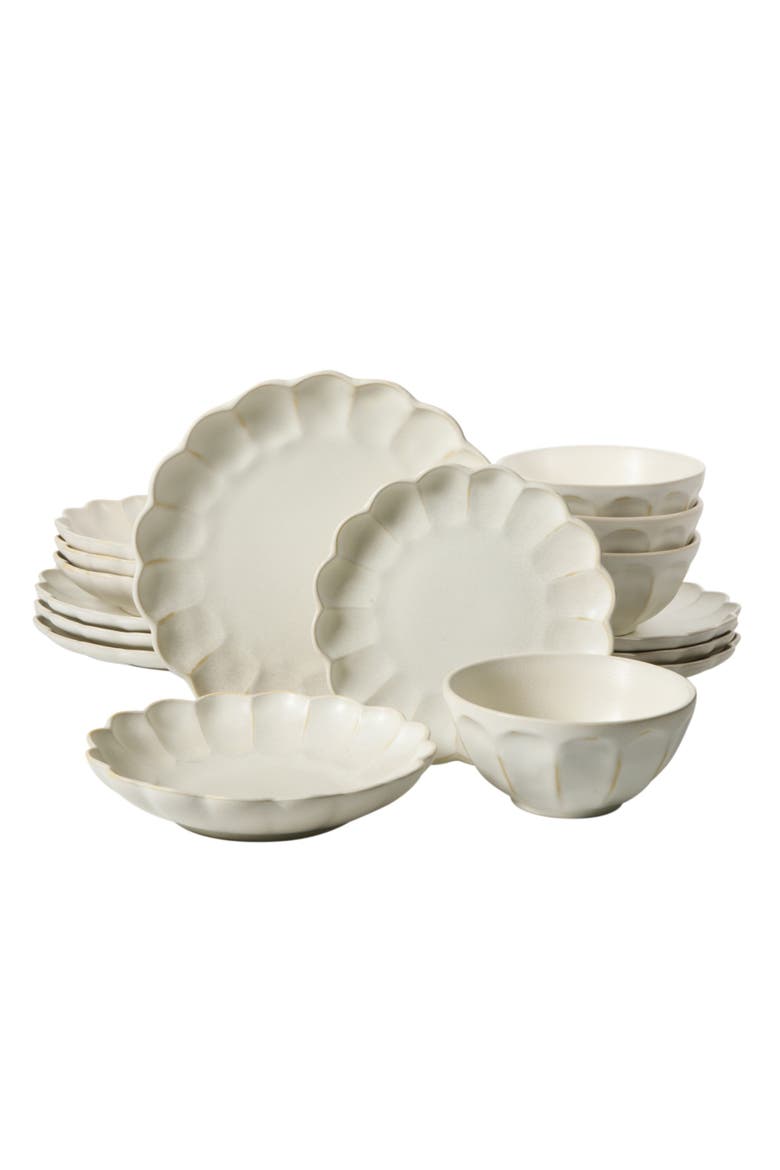 Yuelu Bloom 16 Piece Plates and Bowls Scallop Embossed Dinnerware Set, Main, color, Jasmine White