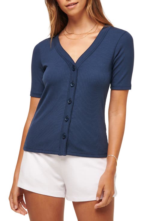 Out Late Rib Short Sleeve Button-Up Knit Top