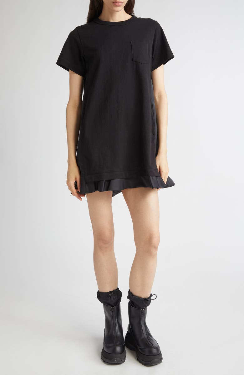 Sacai Nylon Twill & Cotton Jersey Minidress, Main, color, Black