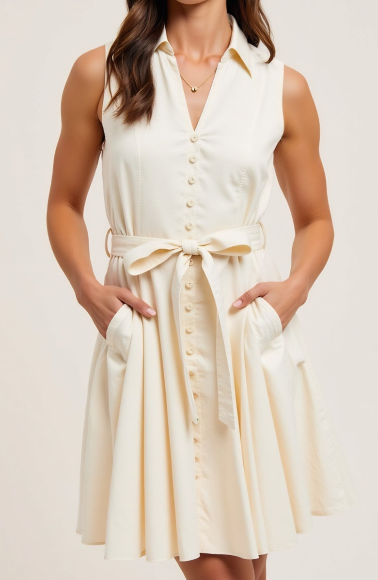 Modenaire Sleeveless Button-Front Tie-Waist Shirt-Collar Fit-and-Flare Dress, Alternate, color, Ivory